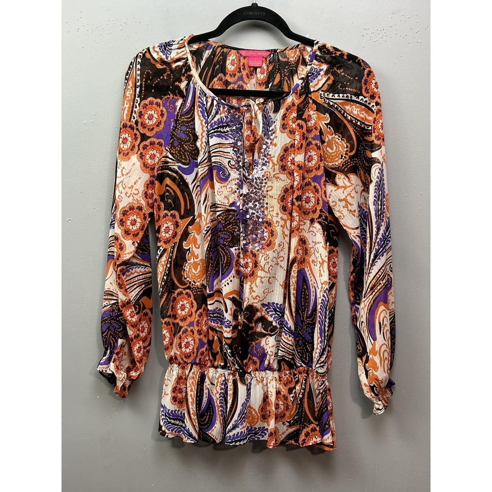 Sunny Leigh Shirt Womens Small Orange Purple Paisley Boho Peasant Sequin Top